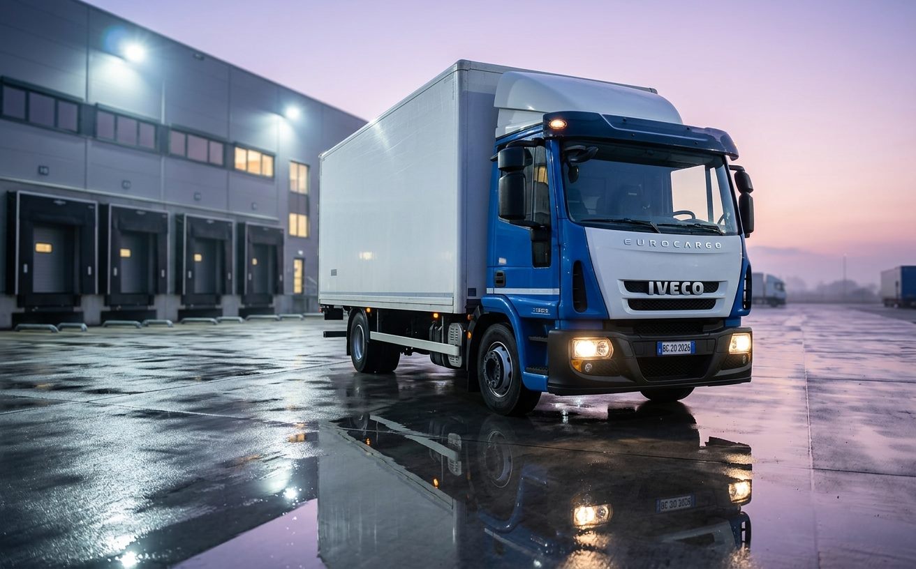 Iveco Eurocargo dobozos teherautó kék fülkével rakodóudvarban