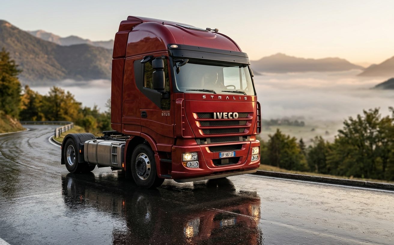Piros Iveco Stralis nyerges vontató hegyi úton