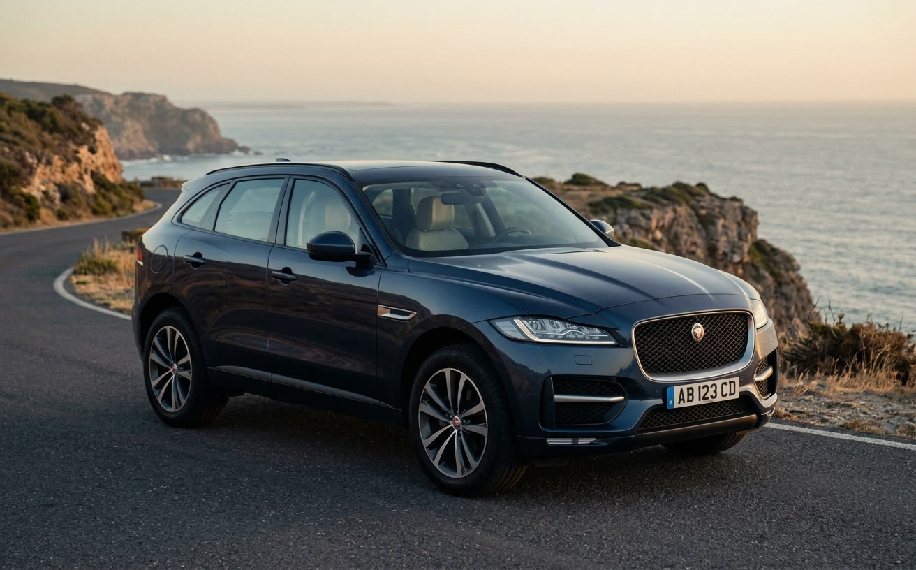 Mélykék Jaguar F-Pace tengerparti sziklás úton, naplementében