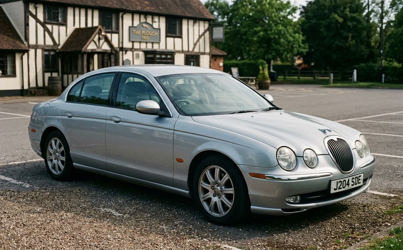 Ezüst Jaguar S-Type vidéki angol kocsma előtt, délután