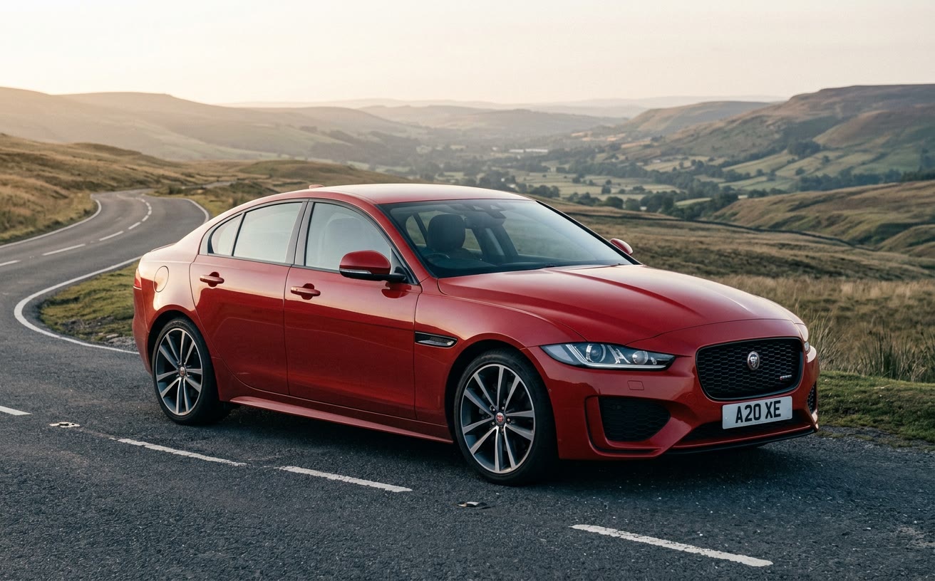 Piros Jaguar XE dombok közt kanyargó úton, reggeli fényben
