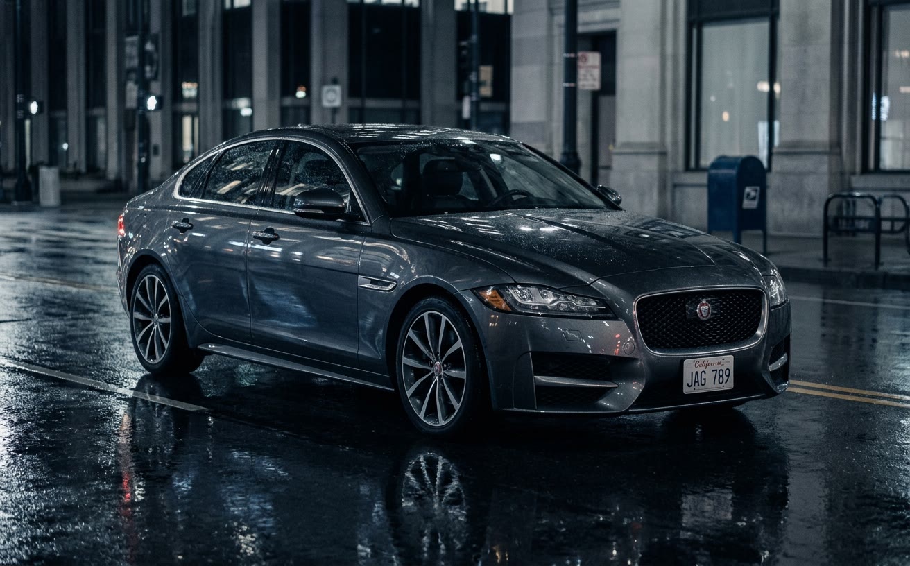 Sötétszürke Jaguar XF esőáztatta városi utcán, éjjel, tükröződésekkel