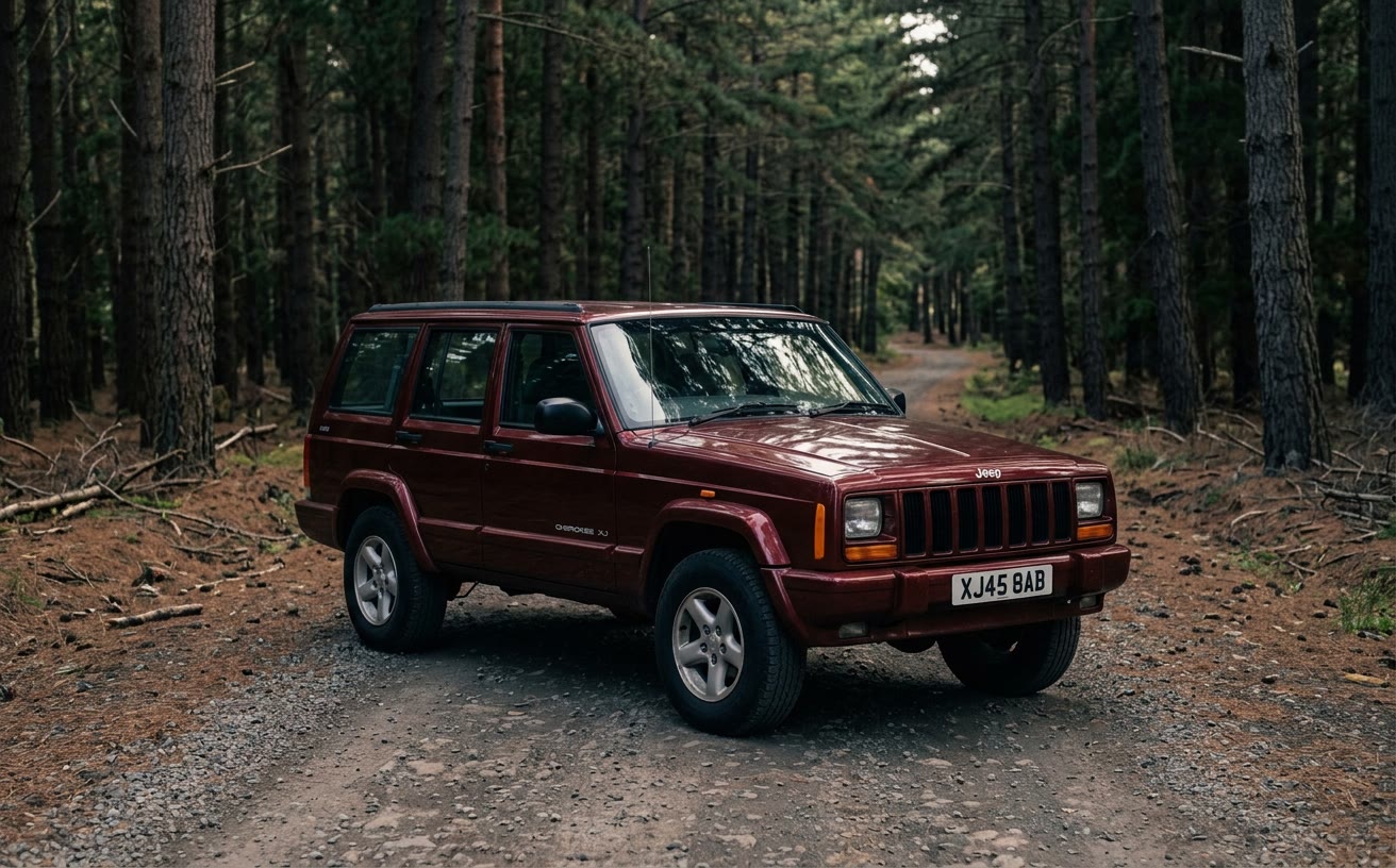 Sötétvörös Jeep Cherokee XJ murvás úton fenyőerdőben, délután