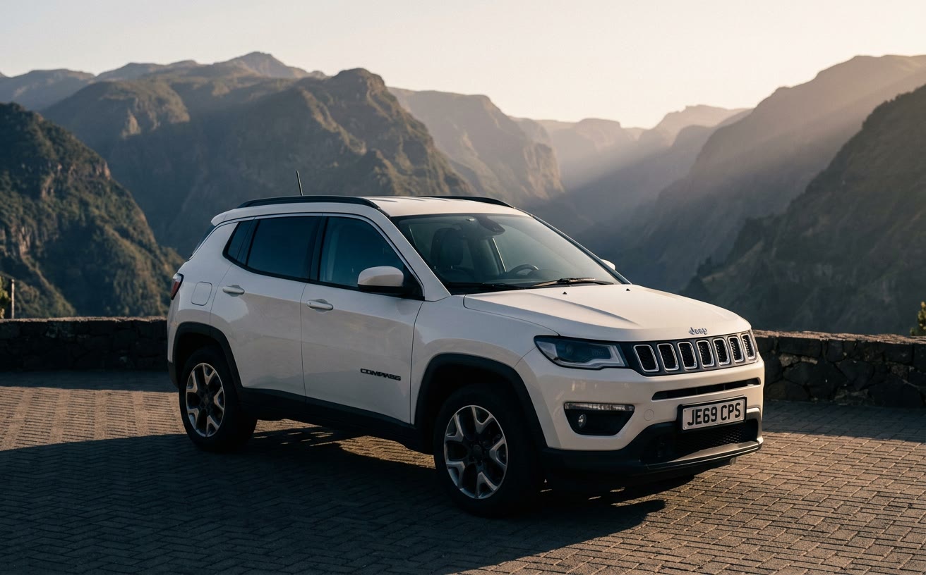 Fehér Jeep Compass hegyi kilátópontnál, alacsony napfényben