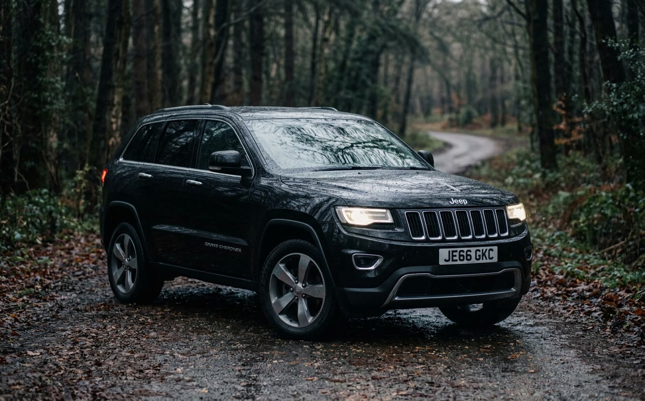 Fekete Jeep Grand Cherokee nedves erdei úton, felkapcsolt fényszóróval