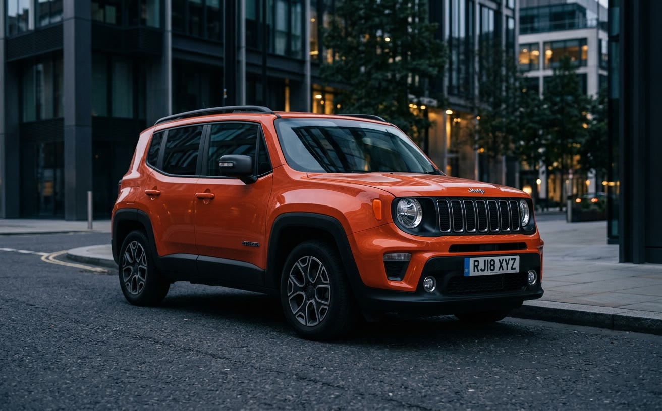 Narancssárga Jeep Renegade modern városi utcán, este