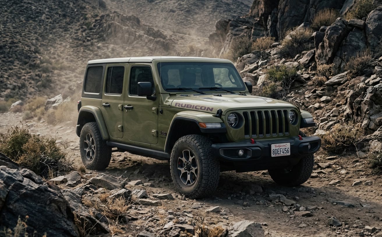 Olívazöld Jeep Wrangler Unlimited Rubicon sziklás terepúton, porfelhőben