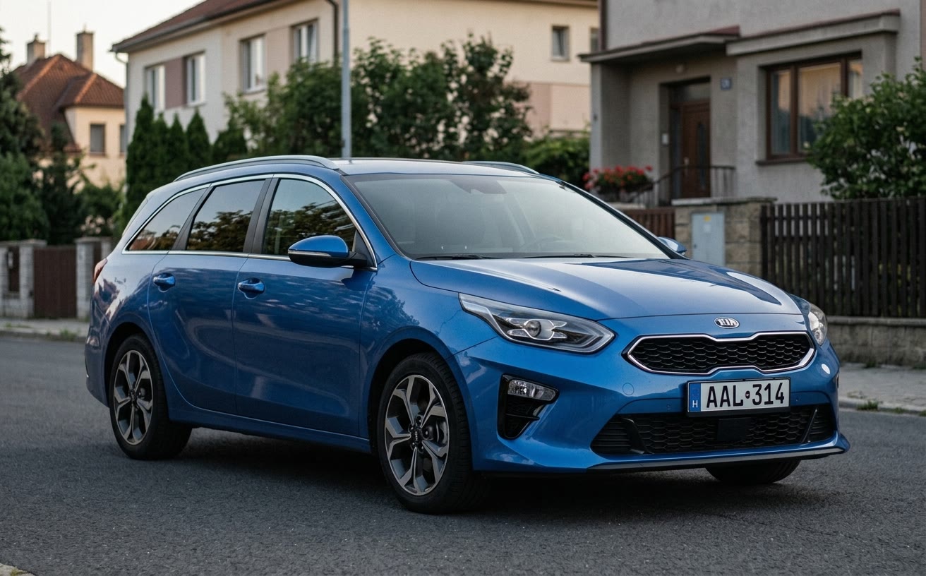 Kék KIA Ceed Sportswagon csendes lakóutcában, reggel