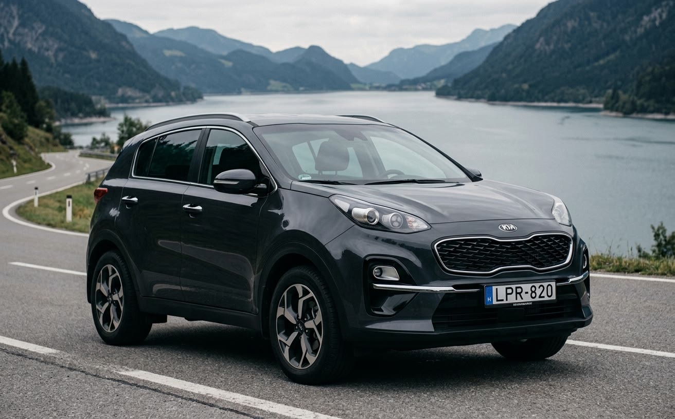 Sötétszürke KIA Sportage alpesi tóparti úton, borult időben
