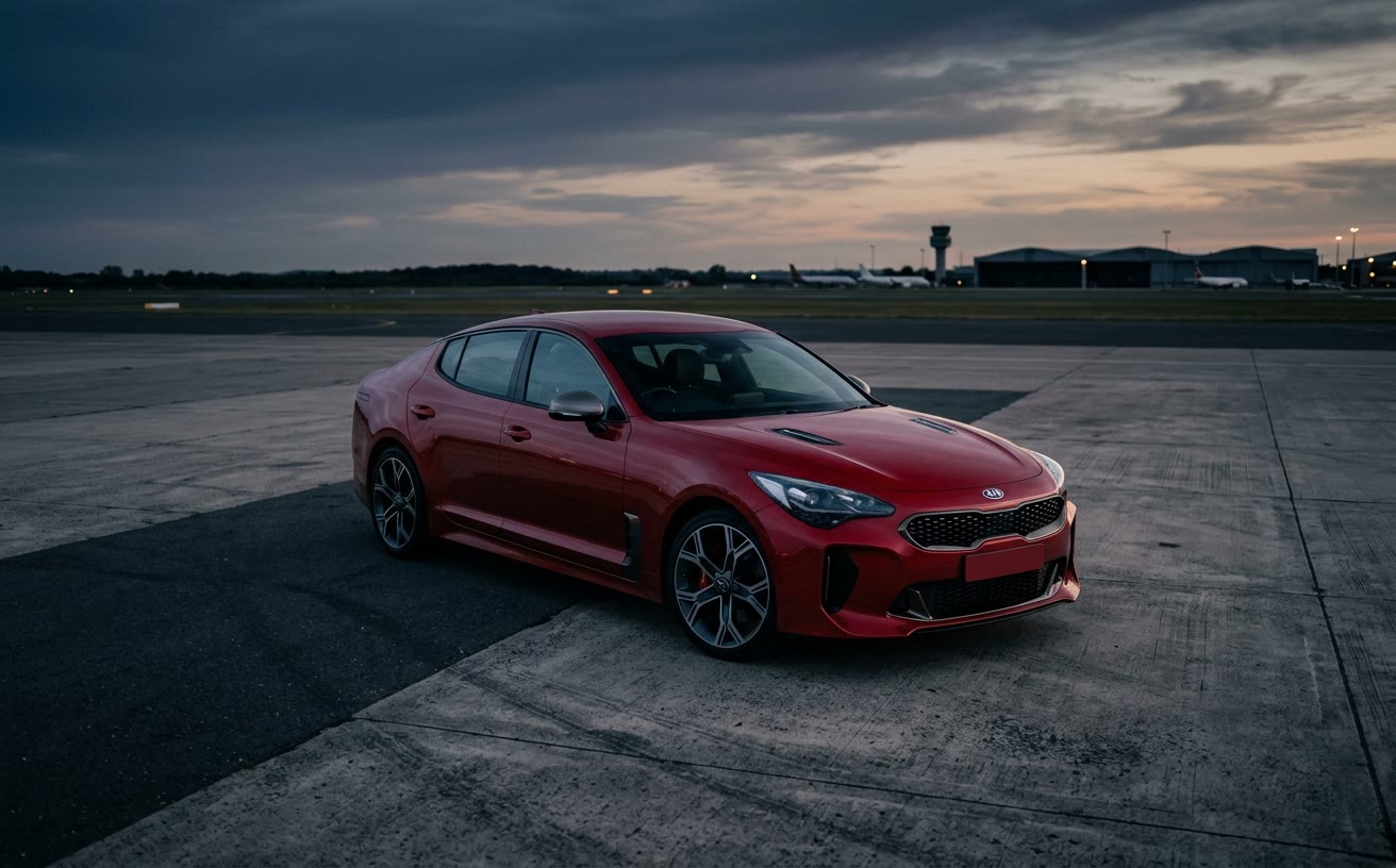 Piros KIA Stinger GT üres repülőtéri betonon, alkonyatkor