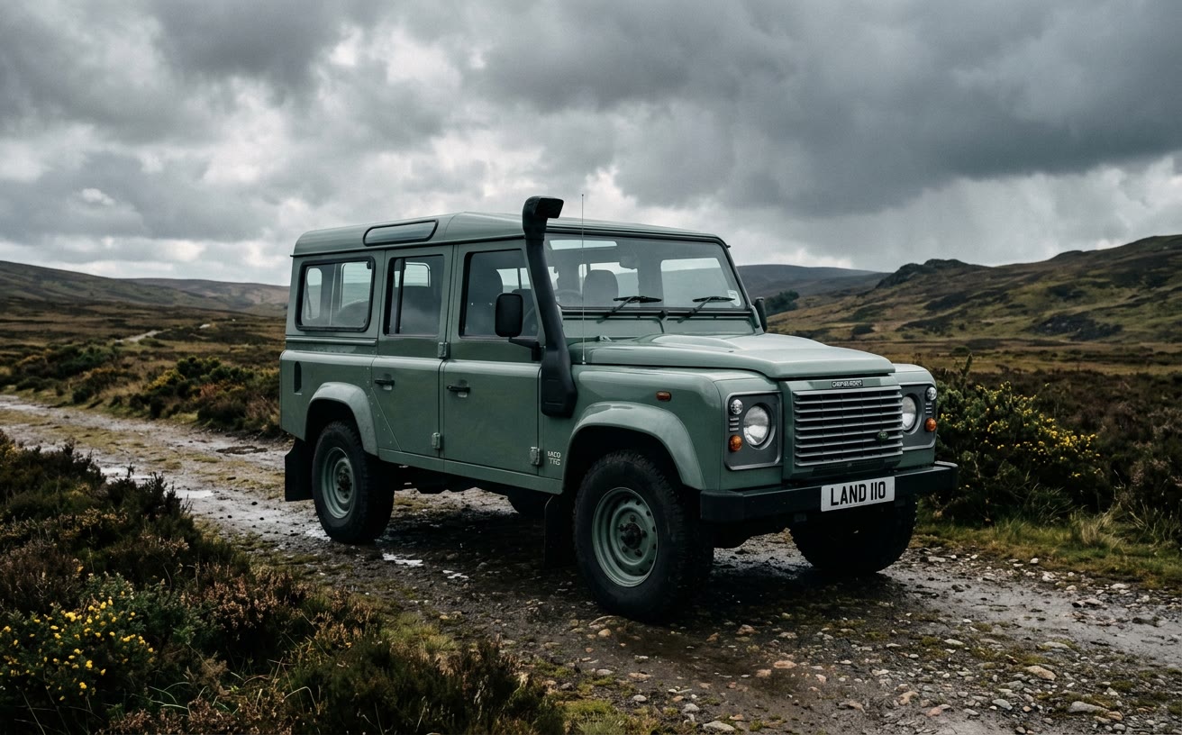 Zöld klasszikus Land Rover Defender 110 lápvidéki földúton, esőfelhők alatt