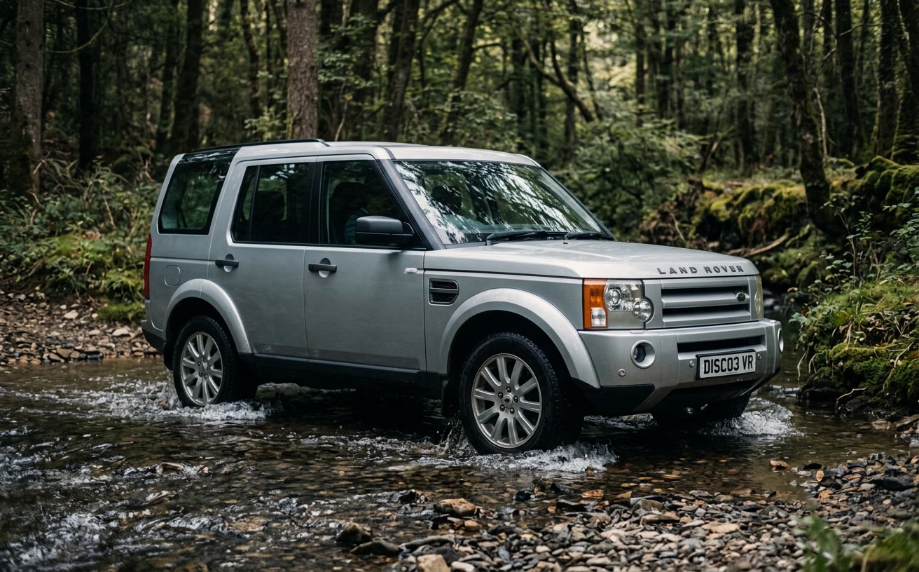 Ezüst Land Rover Discovery 3 sekély erdei patakon átgázolva