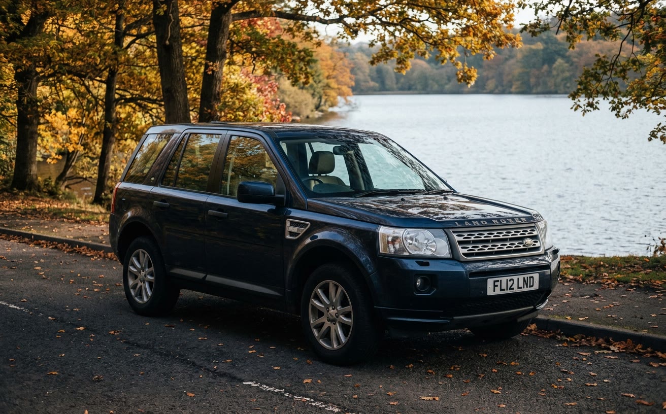 Sötétkék Land Rover Freelander 2 tóparti úton, ősszel