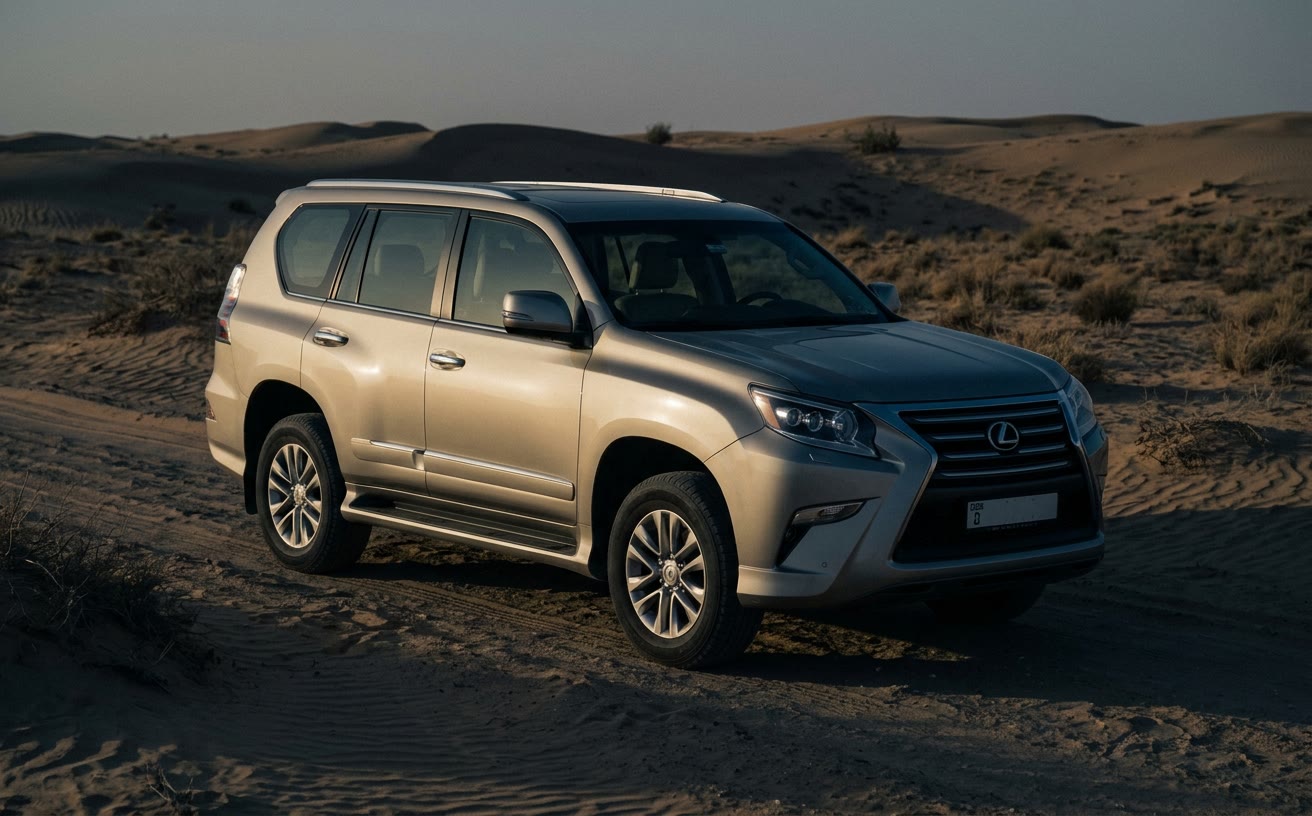 Homokszínű Lexus GX 460 sivatagi földúton, hosszú árnyékokkal