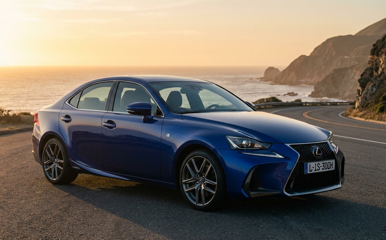 Mélykék Lexus IS 300h tengerparti úton, naplementében
