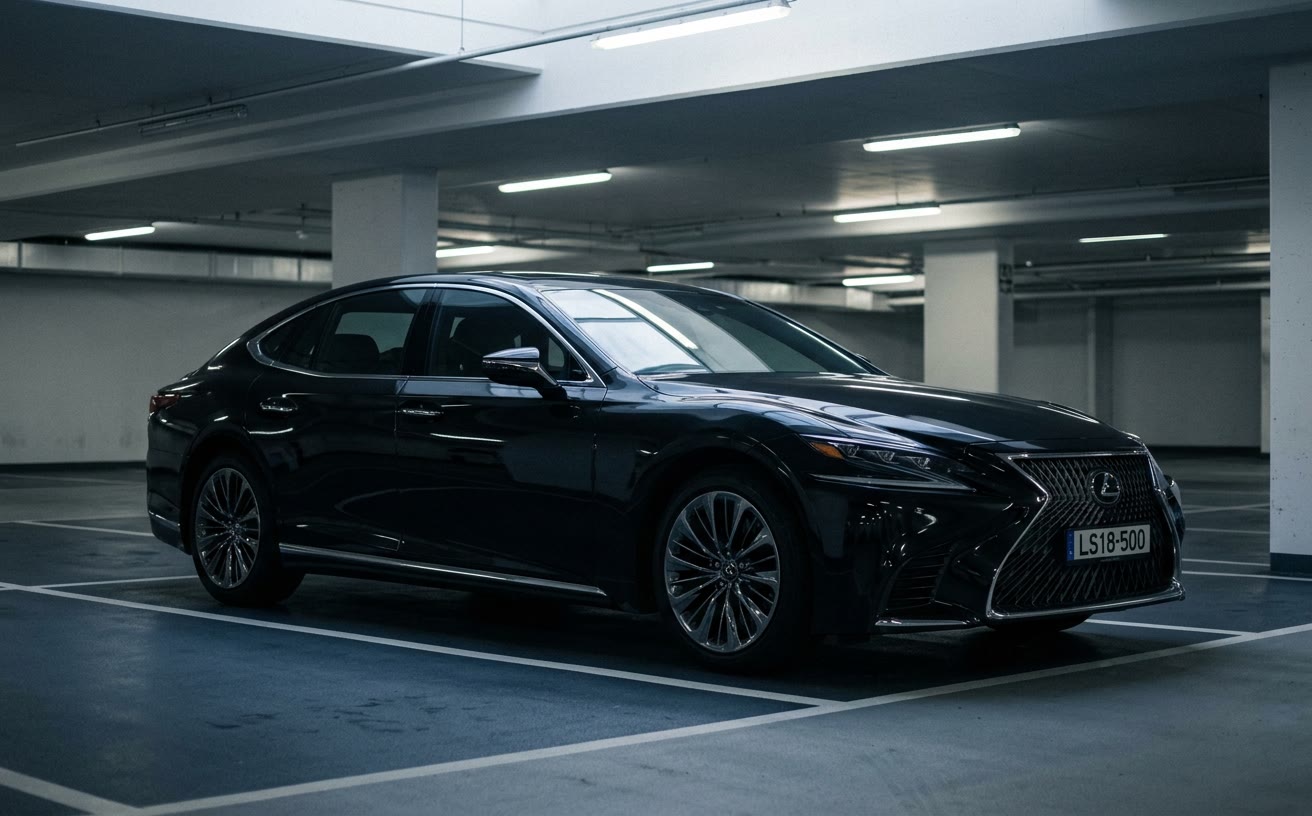 Fekete Lexus LS 500 mélygarázsban, neoncsövek fényében