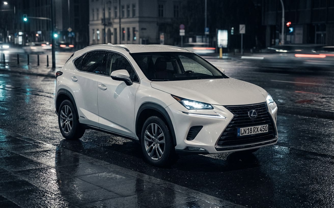 Fehér Lexus NX 300h esőáztatta városi sugárúton, éjjel