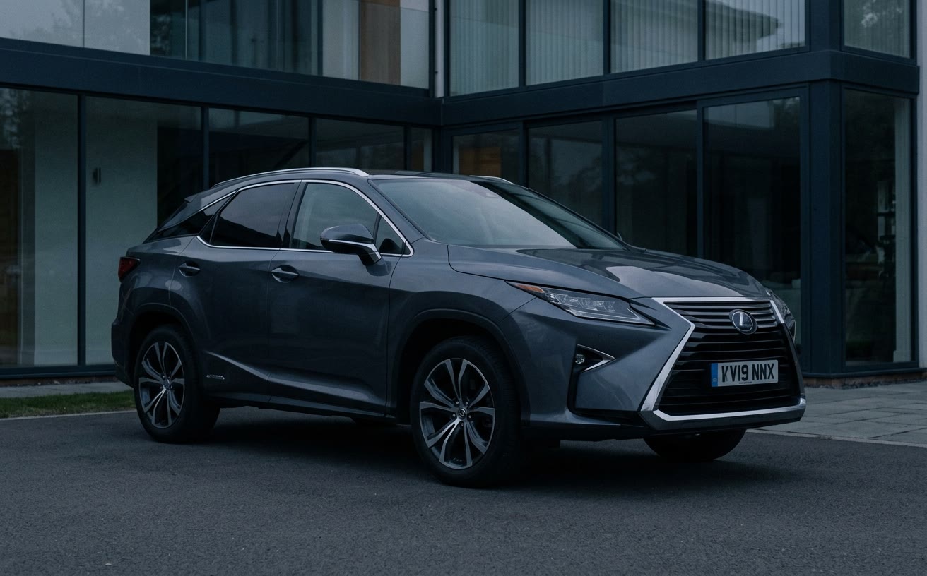 Sötétszürke Lexus RX 450h modern üvegház előtt, alkonyatkor