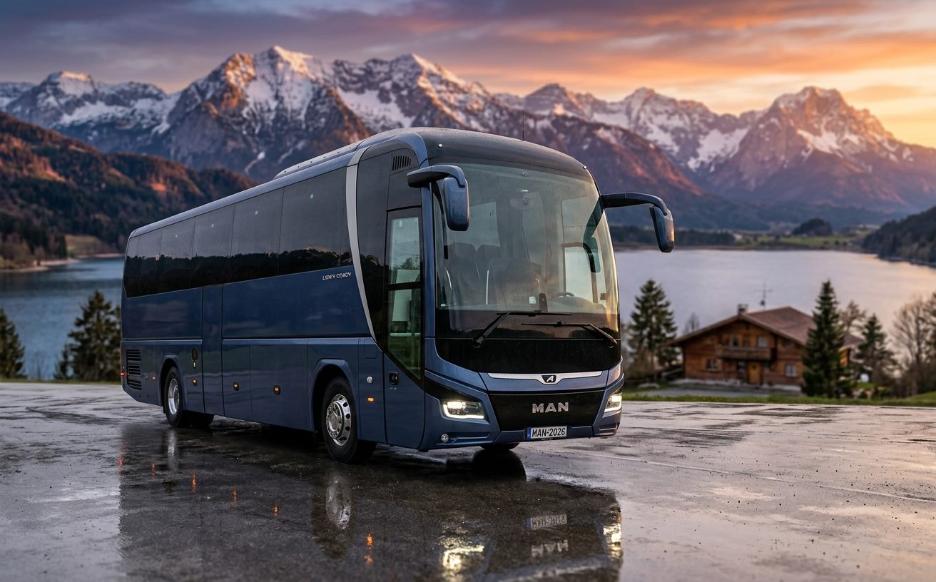 Sötétkék MAN Lion's Coach autóbusz alpesi tóparton