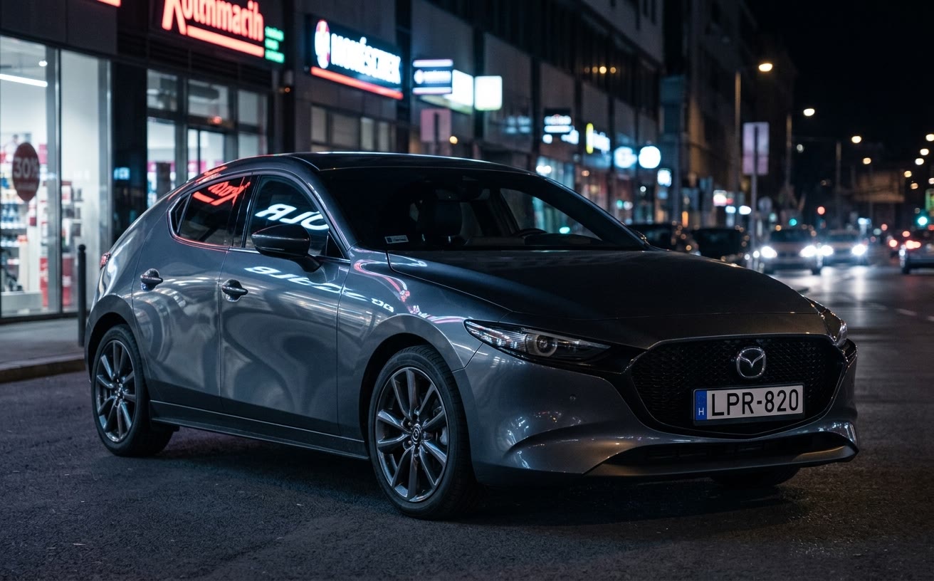 Gépszürke Mazda 3 ferdehátú éjszakai nagyvárosi utcán, neonfényekben