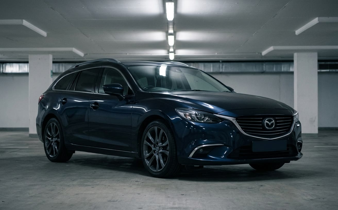 Sötétkék Mazda 6 kombi mélygarázsban, neoncsövek fényében