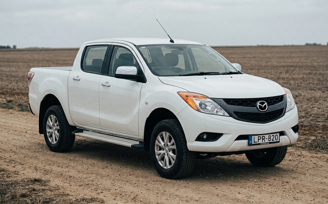 Fehér Mazda BT-50 duplakabinos pickup poros földúton, mező előtt