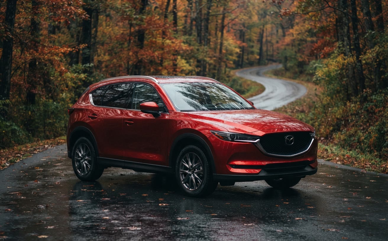 Piros Mazda CX-5 őszi erdei úton, nedves aszfalton