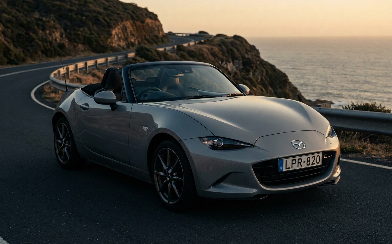 Szürke Mazda MX-5 roadster lehajtott tetővel tengerparti sziklás úton, naplementében