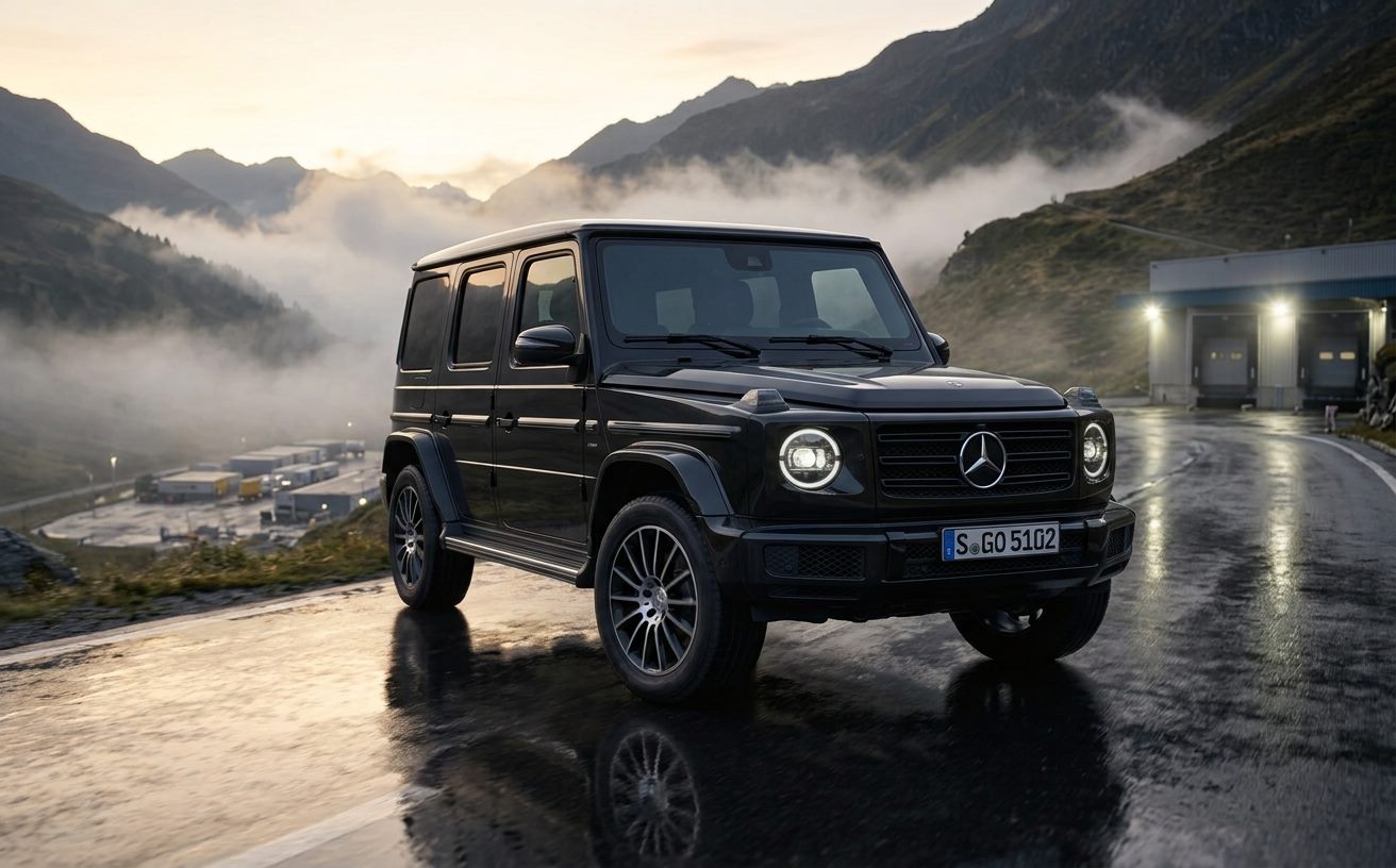 Fekete Mercedes-Benz G-osztály hegyi úton