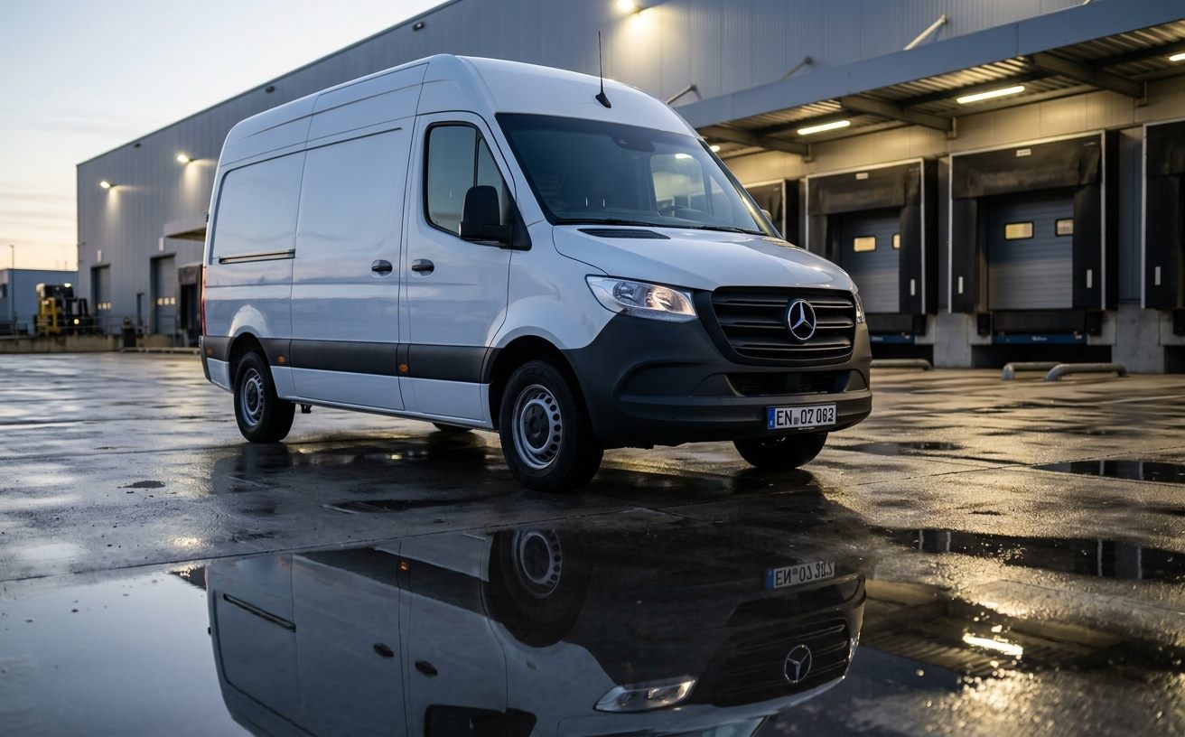 Fehér Mercedes-Benz Sprinter furgon rakodóudvarban