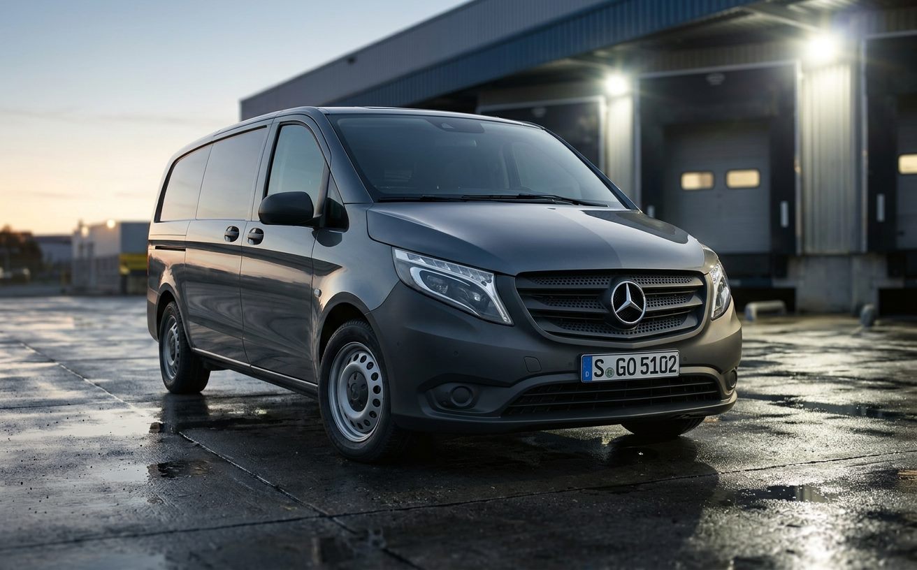 Sötétszürke Mercedes-Benz Vito rakodóudvarban