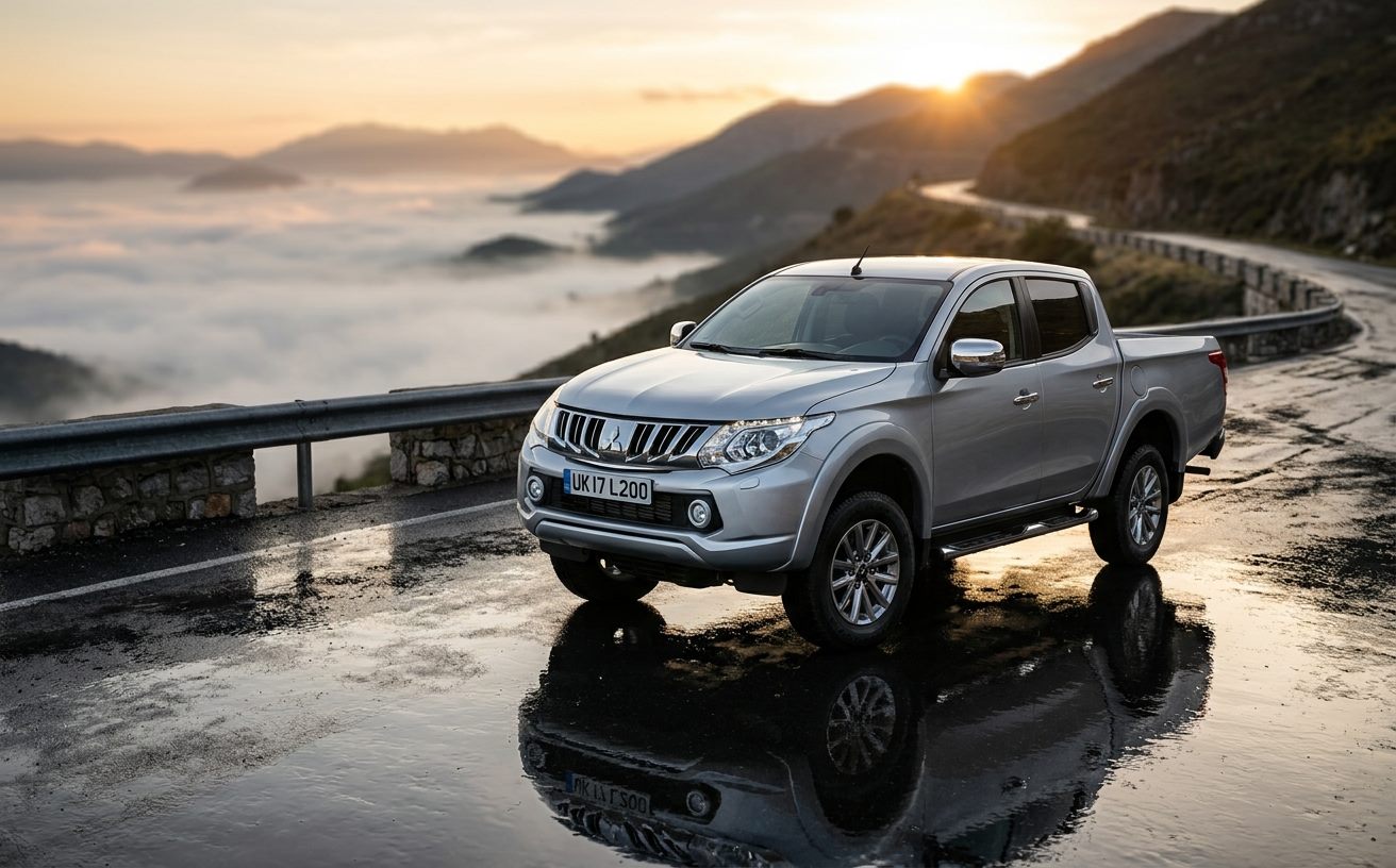 Ezüst Mitsubishi L200 duplakabinos pickup hegyi úton