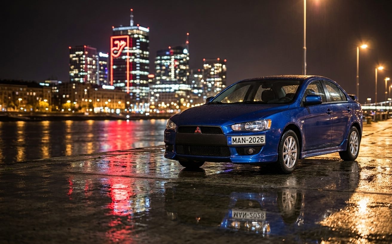 Kék Mitsubishi Lancer szedán éjszakai vízparton