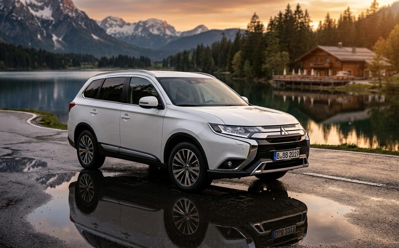 Fehér Mitsubishi Outlander alpesi tóparton