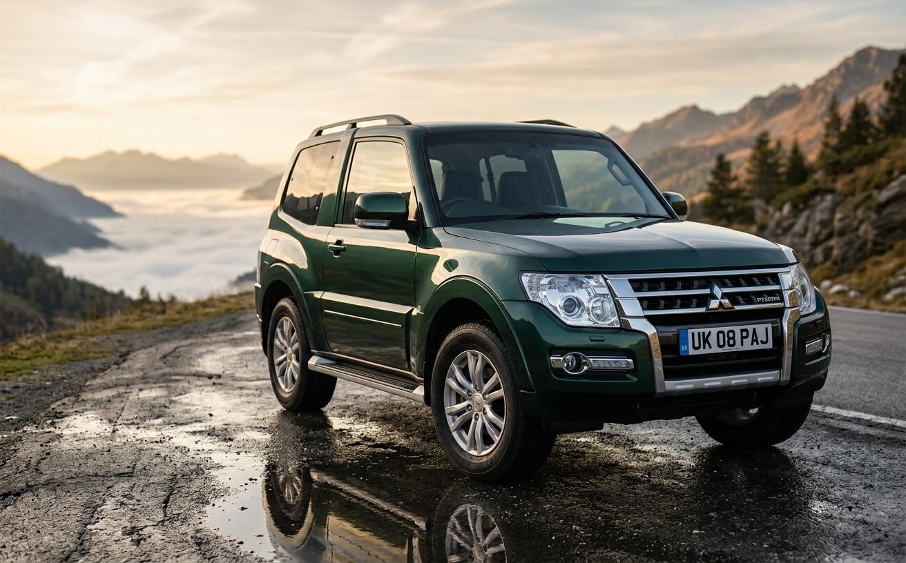 Sötétzöld Mitsubishi Pajero hegyi úton