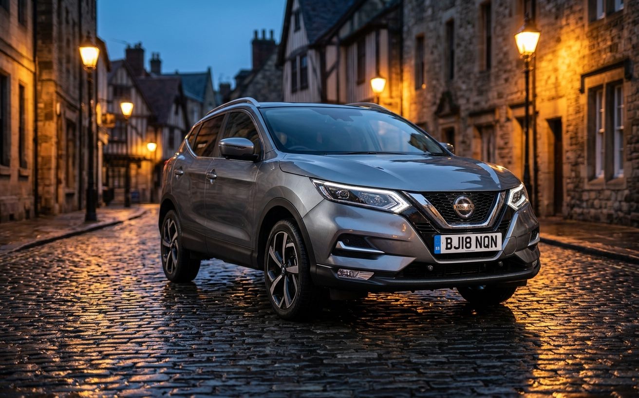 Szürke Nissan Qashqai óvárosi utcán