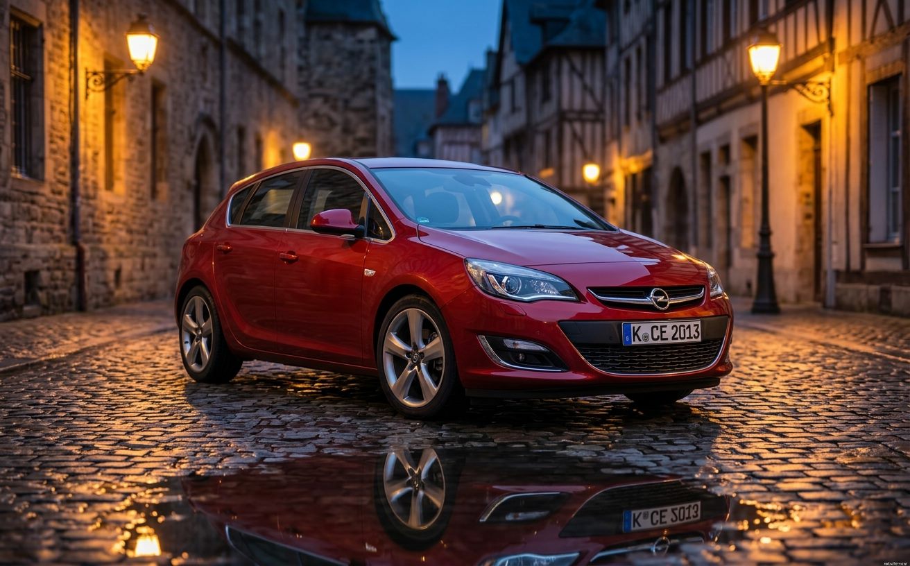 Piros Opel Astra (J) óvárosi utcán