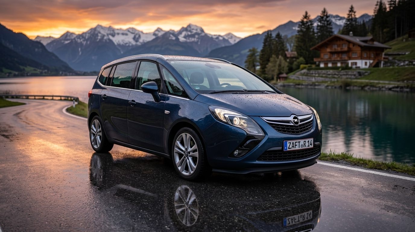 Sötétkék Opel Zafira Tourer alpesi tóparton