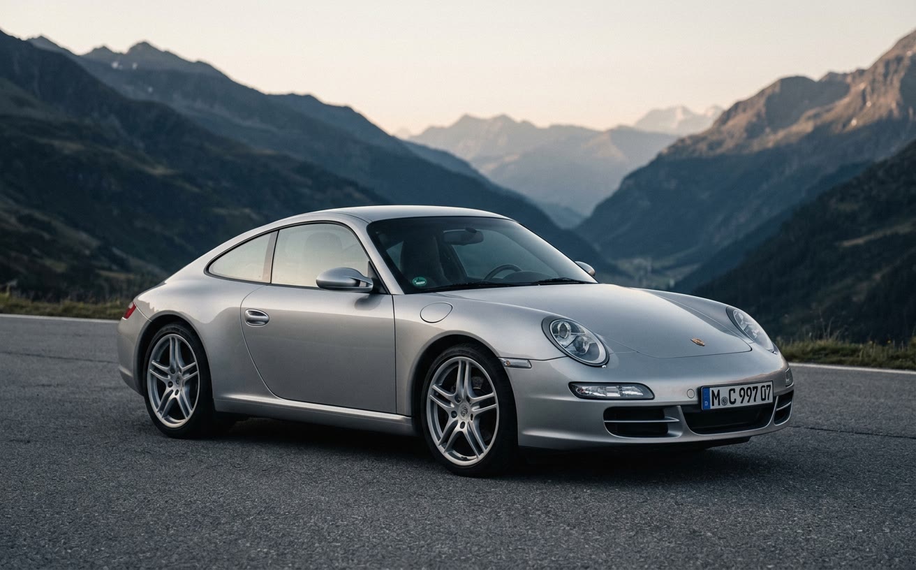 Ezüst Porsche 911 Carrera (997) alpesi hágón, reggeli fényben