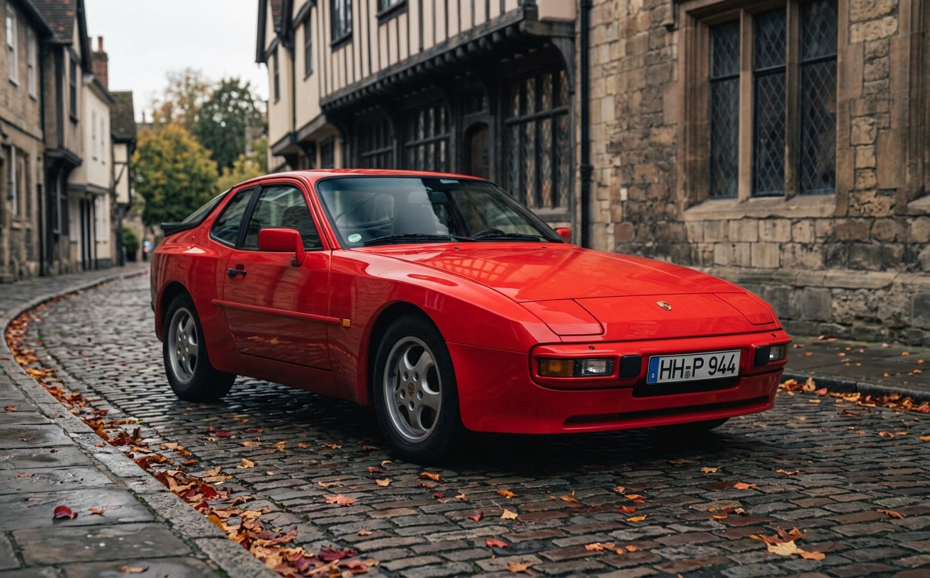 Piros Porsche 944 macskaköves utcán, őszi levelek között