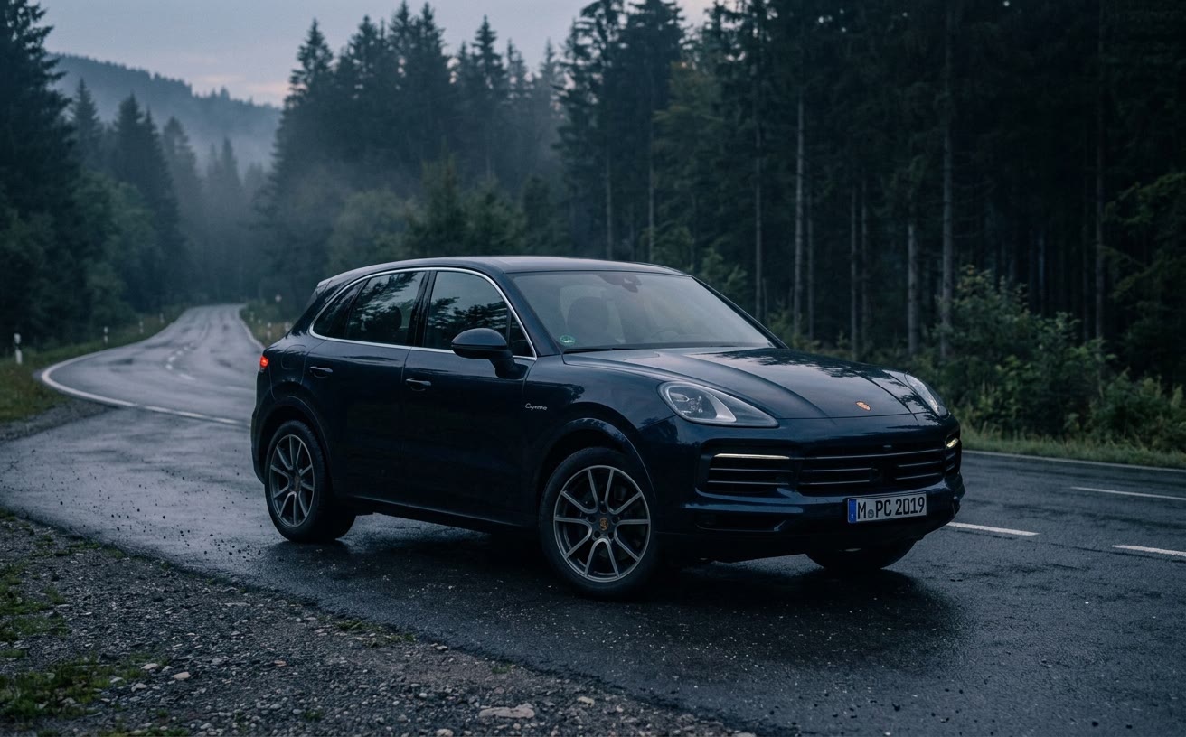 Sötétkék Porsche Cayenne nedves hegyi úton, alkonyatkor