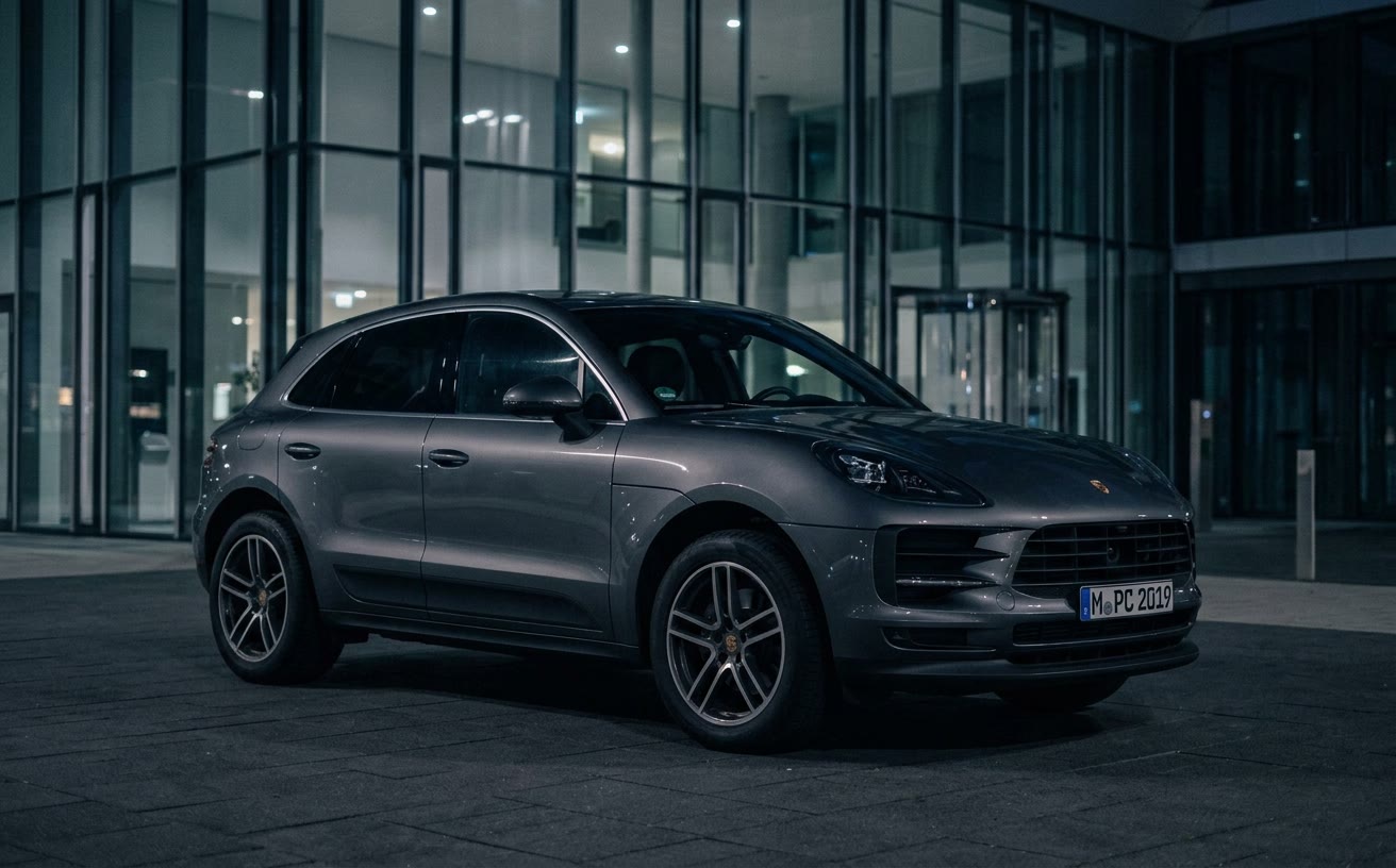 Szürke Porsche Macan modern üvegépület előtt, éjjel