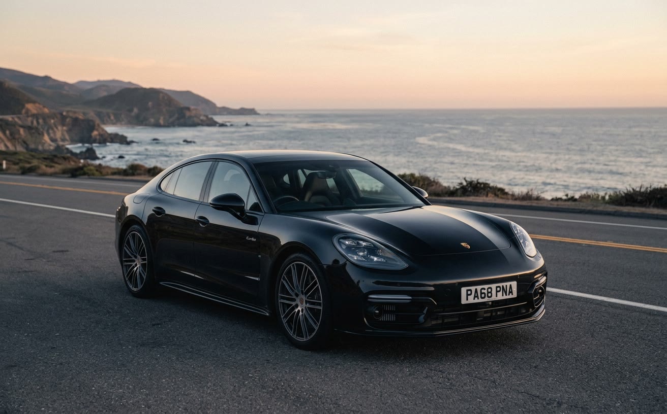 Fekete Porsche Panamera üres tengerparti főúton, naplementében