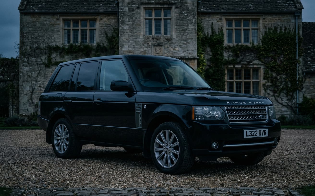 Fekete Range Rover L322 kőből épült vidéki ház előtt, alkonyatkor