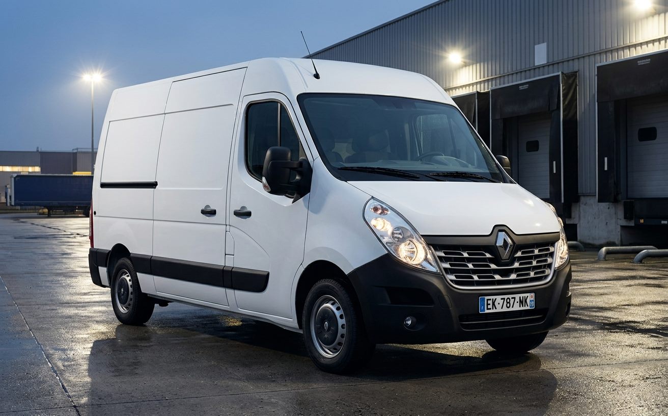 Fehér Renault Master furgon rakodóudvarban