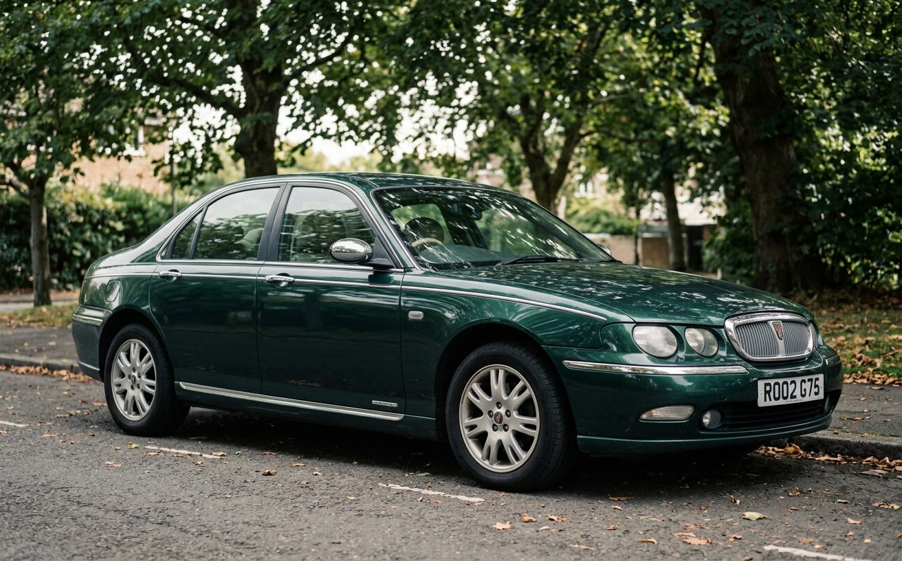 Sötétzöld Rover 75 szedán fás angol utcán, lágy fényben