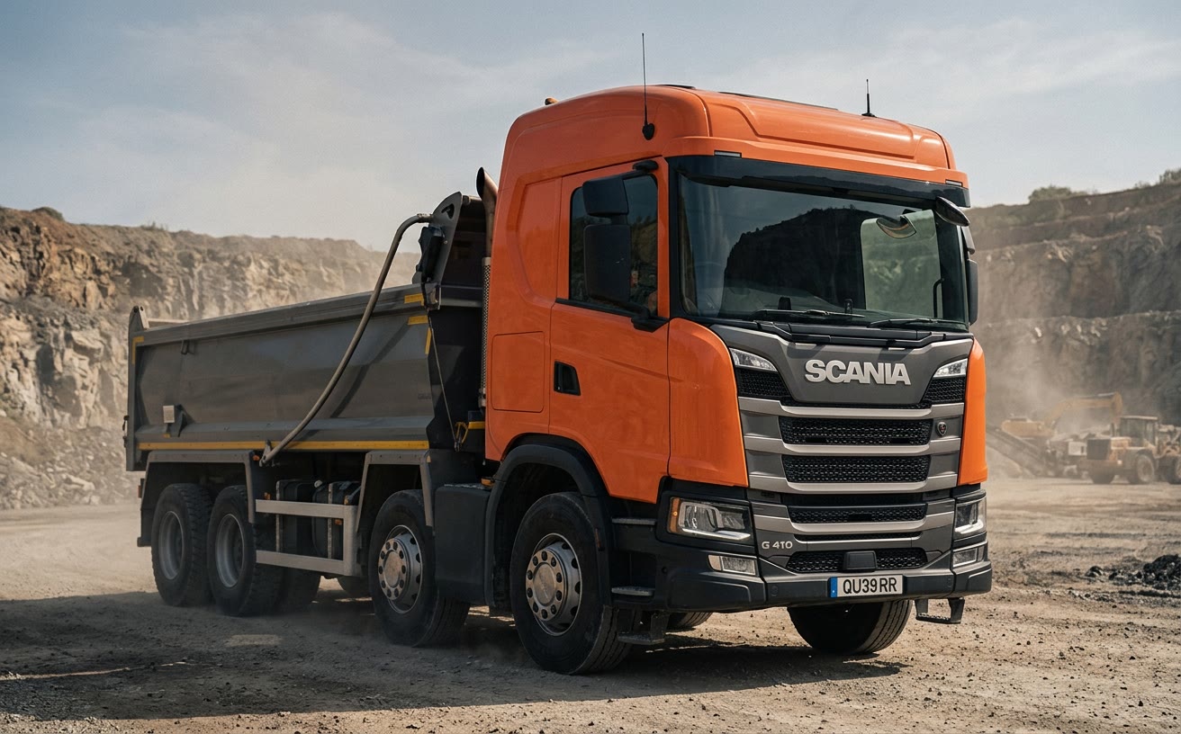 Narancssárga Scania G 410 8x4 billencs kőbányai úton, porban
