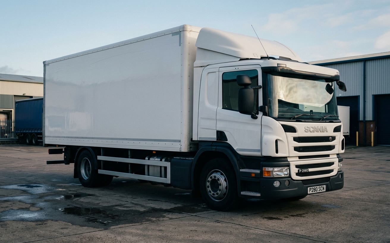 Fehér Scania P 280 dobozos teherautó városi elosztótelepen, reggel