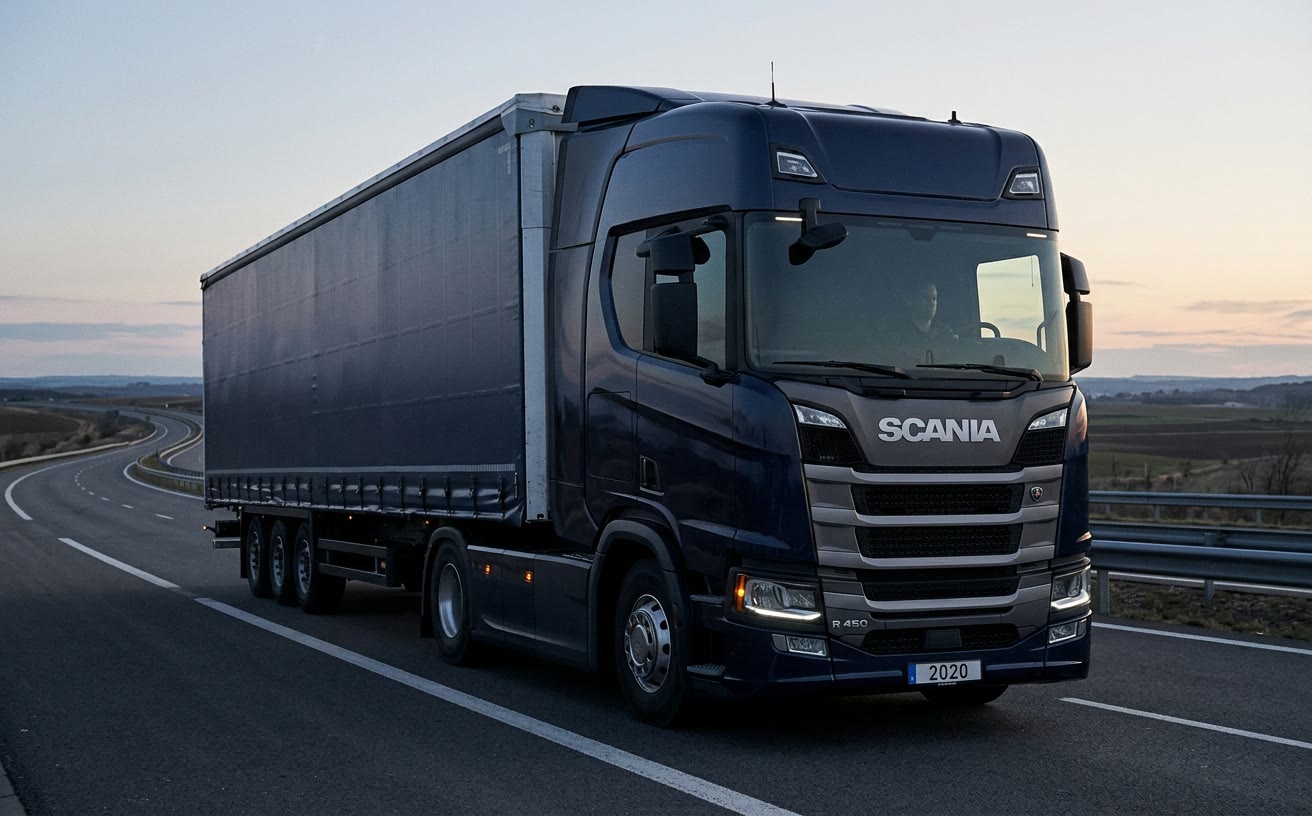 Sötétkék Scania R 450 nyerges vontató ponyvás félpótkocsival autópályán, hajnalban