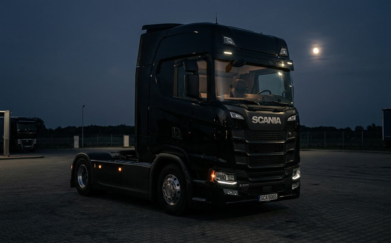 Fekete Scania S 500 Highline nyerges vontató kamionos pihenőben, éjjel, világító fülkével